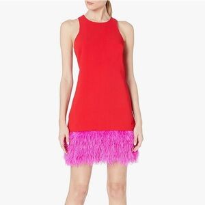 Trina Turk Red Dress with Pink Feather Hem